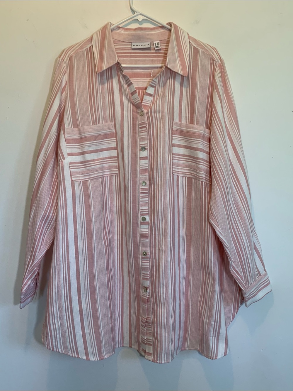 New Susan Graver Pink & White Woven Cotton Button Up Tunic Shirt 2X